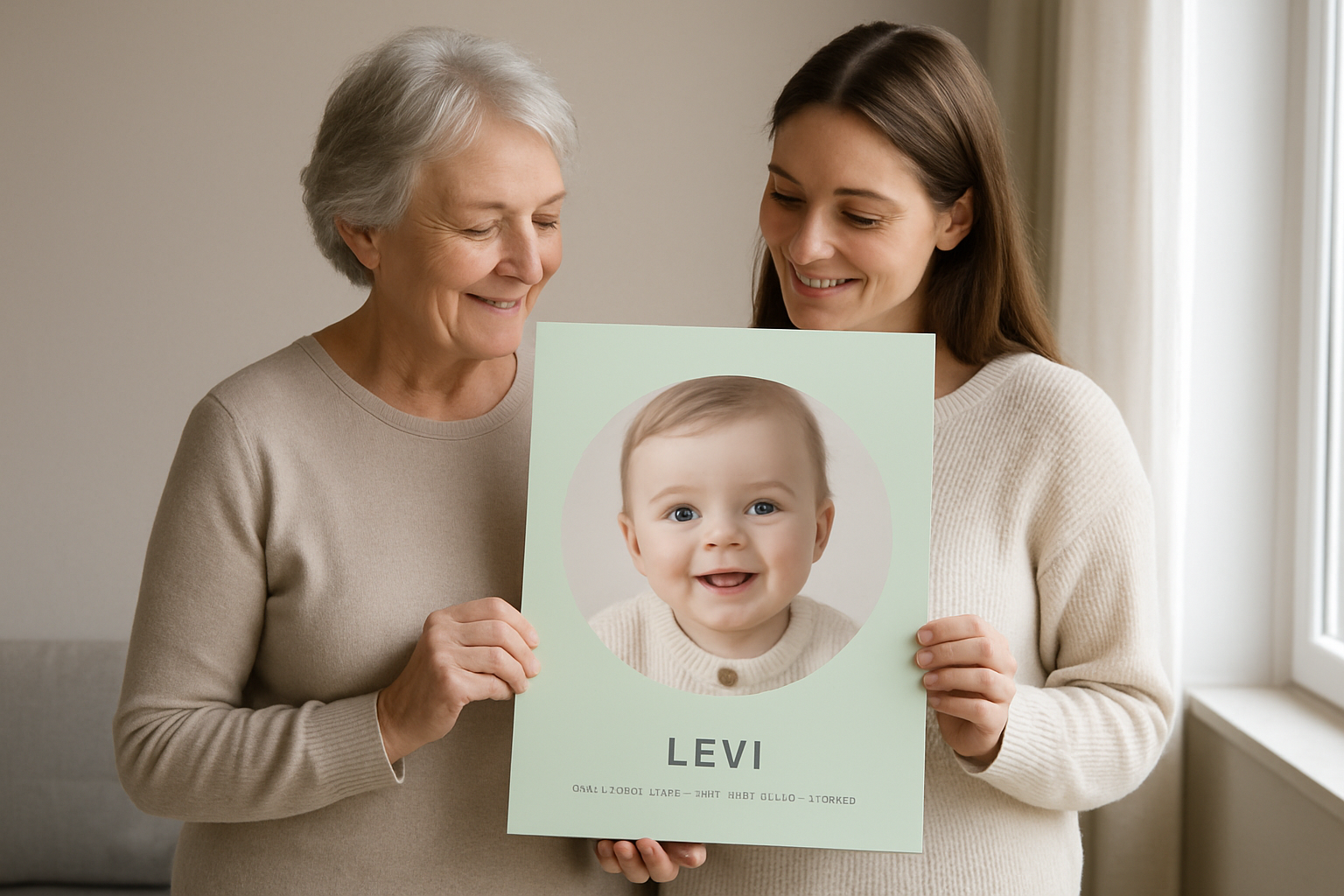 Dans une maison baignée de lumière, une adulte et sa grand-mère regardent ensemble une affiche de naissance au motif de cercle sauge, tenue bien visible entre elles.