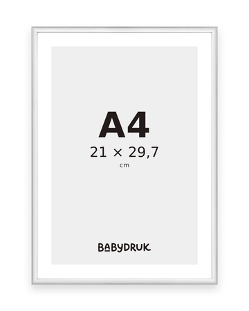 Silberner Bilderrahmen für 21 × 29,7 cm, mit Babydruk-Einlegeblatt und Größenangabe – Produktvisualisierung