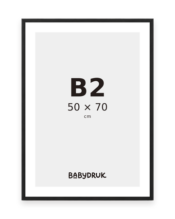 Schwarzer Bilderrahmen für 50 × 70 cm, mit Babydruk-Einlegeblatt und Größenangabe – Produktvisualisierung