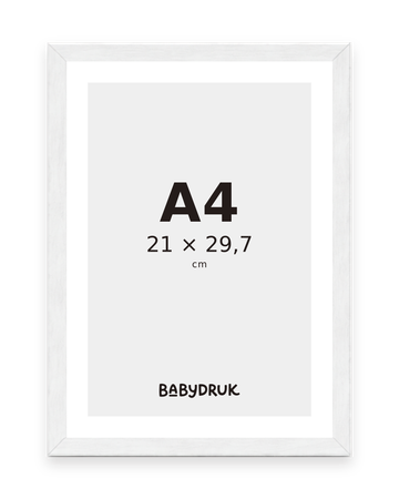 Weißer Bilderrahmen für 21 × 29,7 cm, mit Babydruk-Einlegeblatt und Größenangabe – Produktvisualisierung