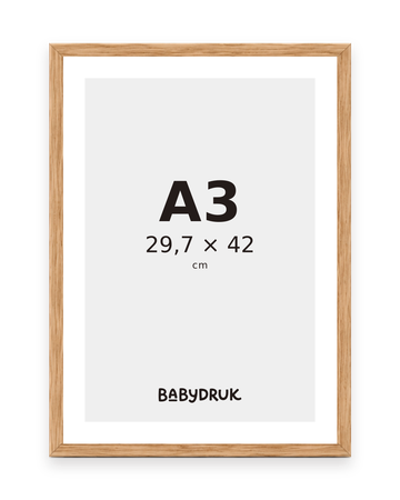 Bilderrahmen aus Eiche für 29,7 × 42 cm, mit Babydruk-Einlegeblatt und Größenangabe – Produktvisualisierung