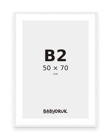Weißer Bilderrahmen für 50 × 70 cm, mit Babydruk-Einlegeblatt und Größenangabe – Produktvisualisierung