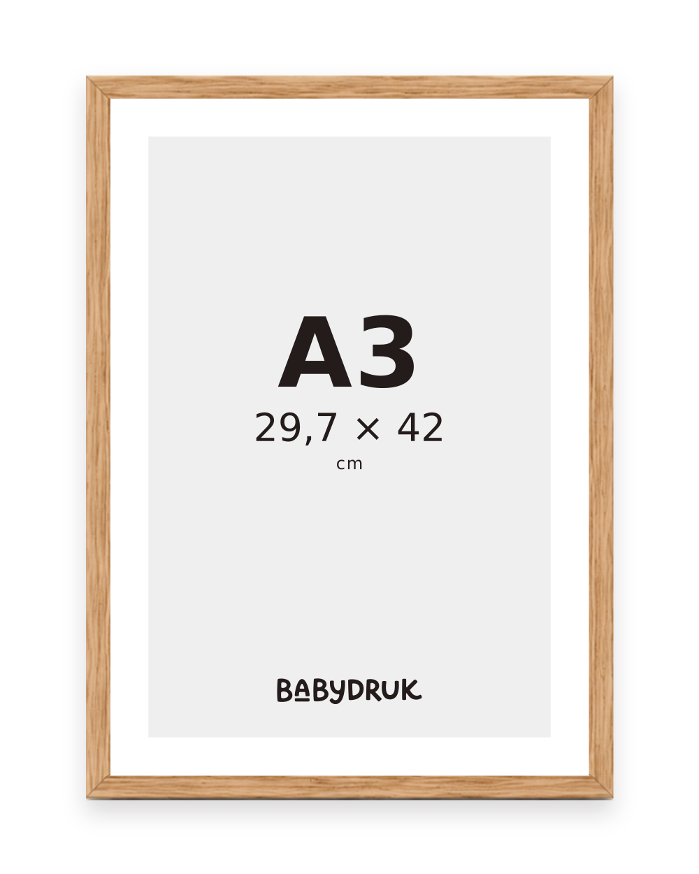 Bilderrahmen aus Eiche für 29,7 × 42 cm, mit Babydruk-Einlegeblatt und Größenangabe – Produktvisualisierung