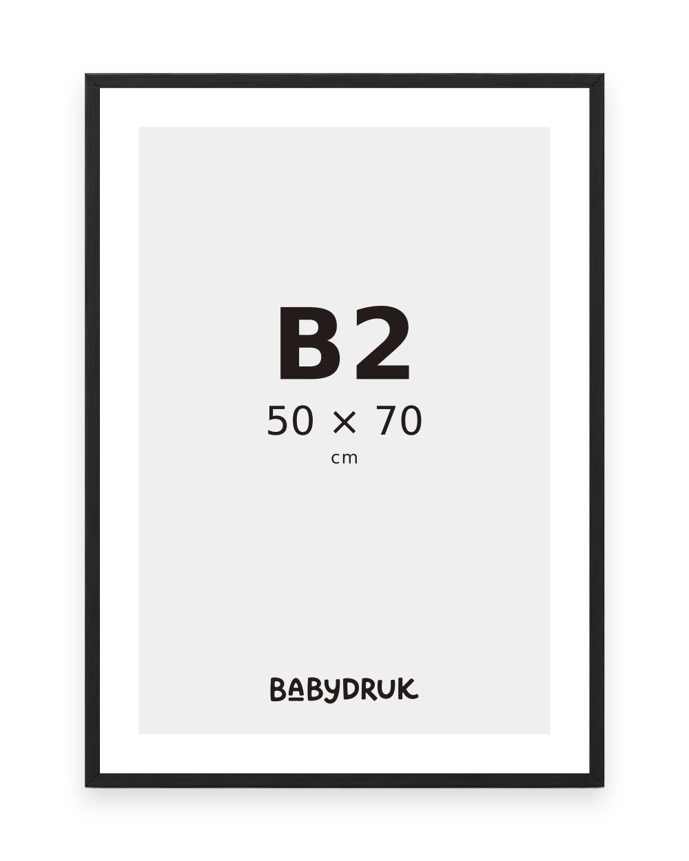 Black photo frame for 50 × 70 cm, with Babydruk insert and size indication — product visualization