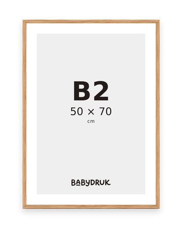 Bilderrahmen aus Eichenholz für 50 × 70 cm, mit Babydruk-Einlegeblatt und Größenangabe – Produktvisualisierung