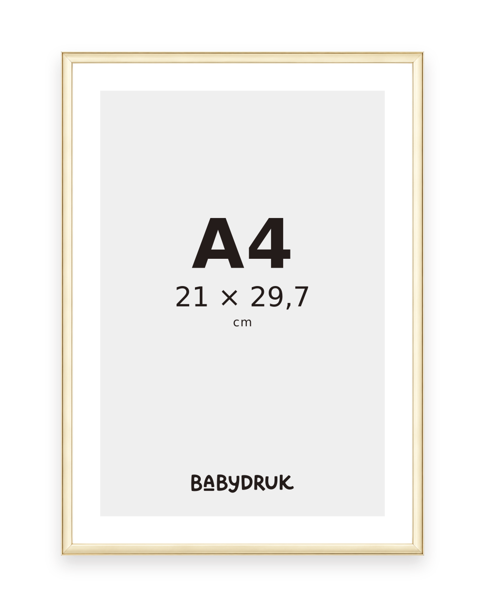 Gouden fotolijst voor 21 × 29,7 cm, met Babydruk-inlegvel en maataanduiding — productvisualisatie