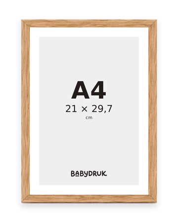 Bilderrahmen aus Eiche für 21 × 29,7 cm, mit Babydruk-Einlegeblatt und Größenangabe – Produktvisualisierung