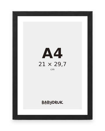 Schwarzer Bilderrahmen für 21 × 29,7 cm, mit Babydruk-Einlegeblatt und Größenangabe – Produktvisualisierung