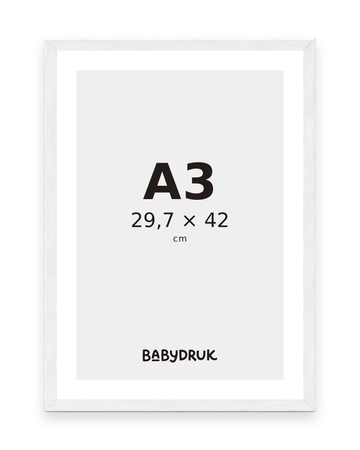 Weißer Bilderrahmen für 29,7 × 42 cm, mit Babydruk-Einlegeblatt und Größenangabe – Produktvisualisierung