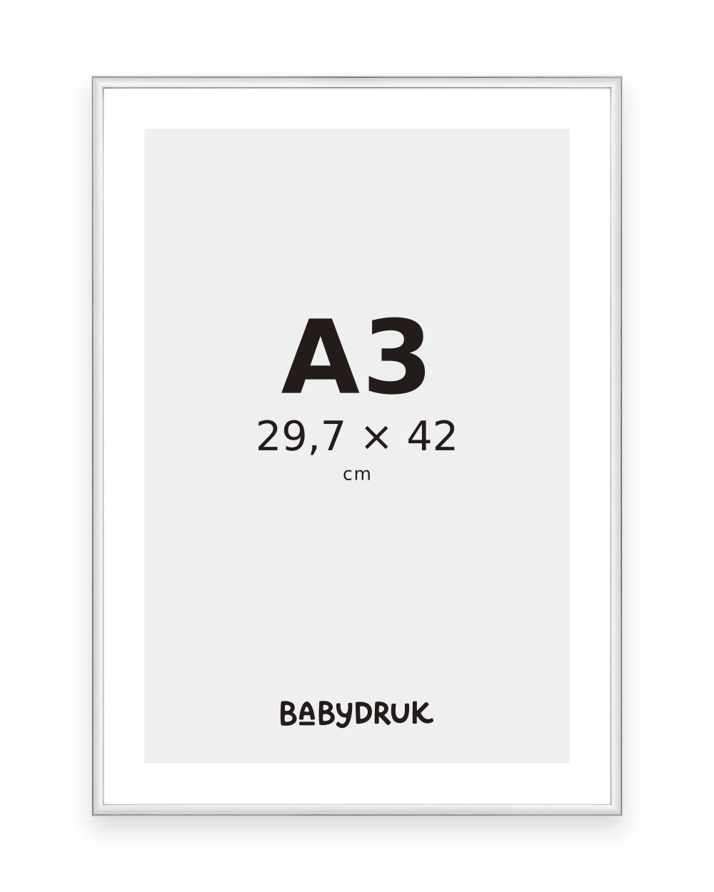 Silberner Bilderrahmen für 29,7 × 42 cm, mit Babydruk-Einlegeblatt und Größenangabe – Produktvisualisierung