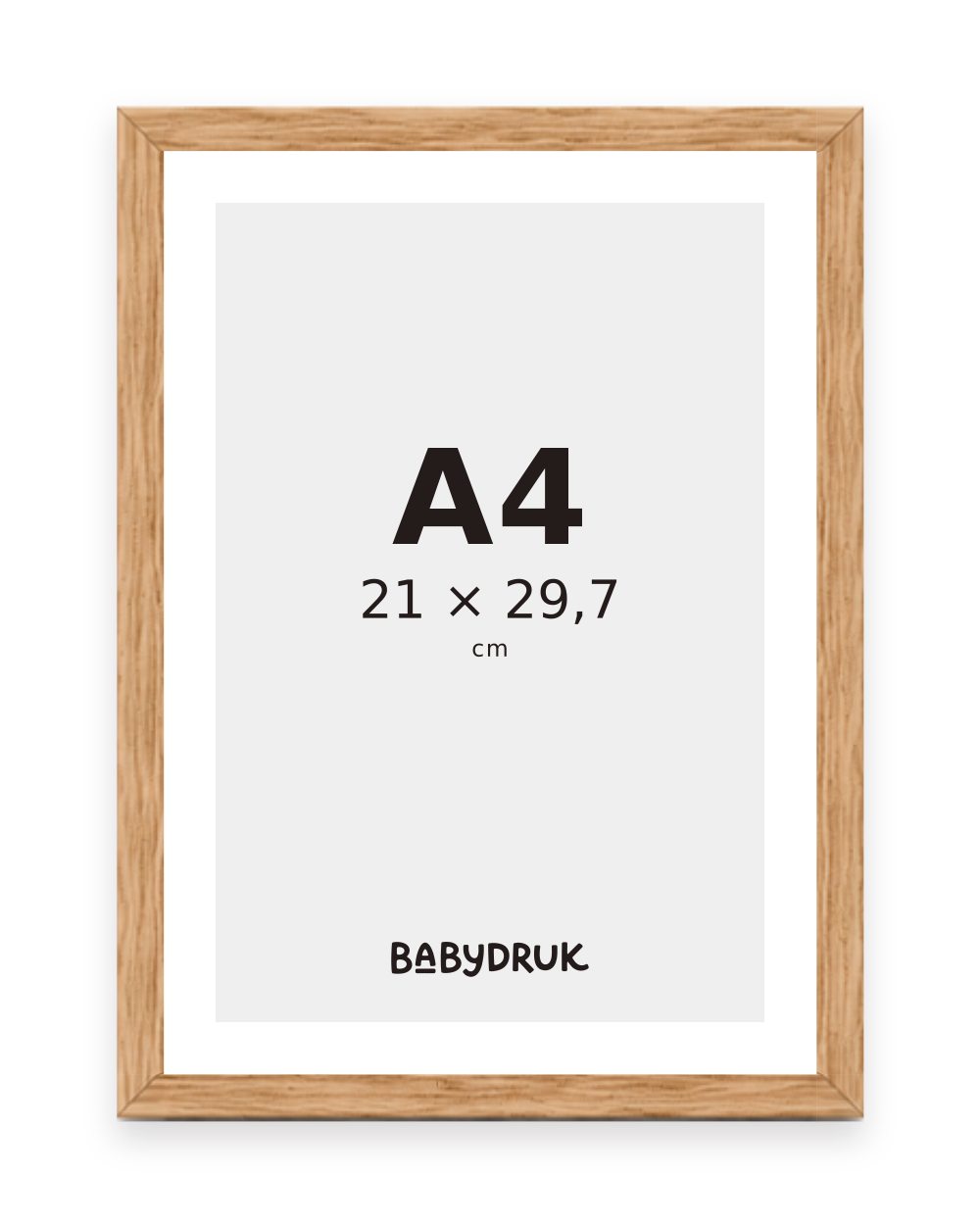 Bilderrahmen aus Eiche für 21 × 29,7 cm, mit Babydruk-Einlegeblatt und Größenangabe – Produktvisualisierung