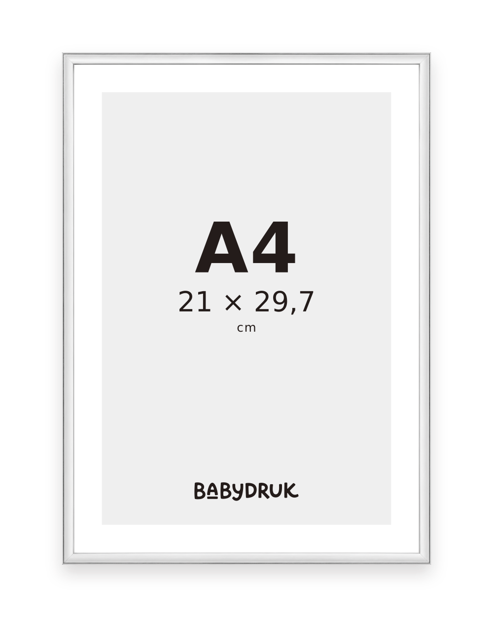 Silberner Bilderrahmen für 21 × 29,7 cm, mit Babydruk-Einlegeblatt und Größenangabe – Produktvisualisierung