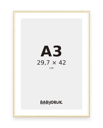 Goldener Bilderrahmen für 29,7 × 42 cm, mit Babydruk-Einlegeblatt und Größenangabe – Produktvisualisierung