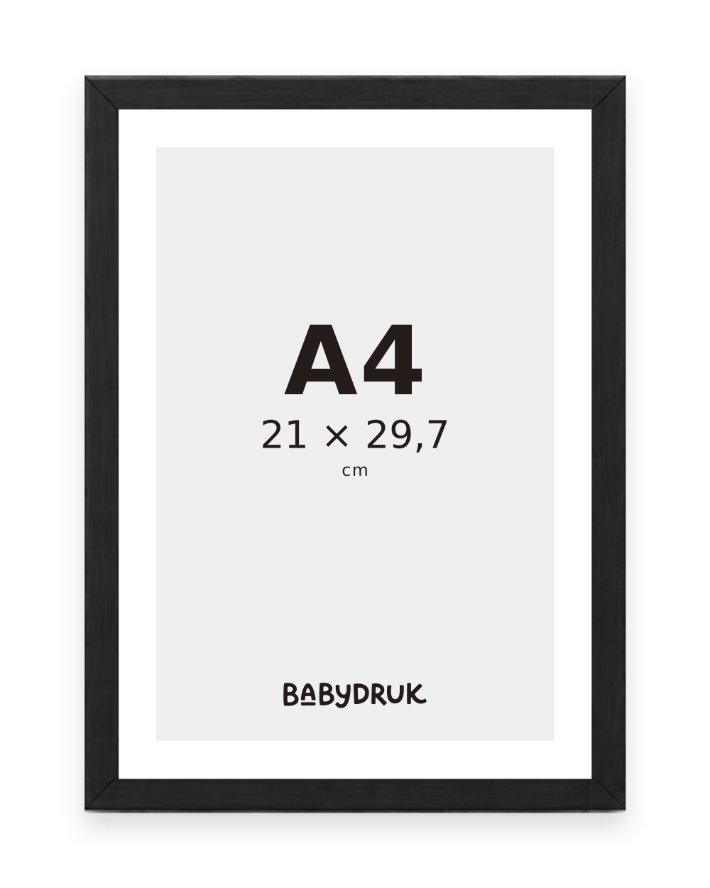 Schwarzer Bilderrahmen für 21 × 29,7 cm, mit Babydruk-Einlegeblatt und Größenangabe – Produktvisualisierung