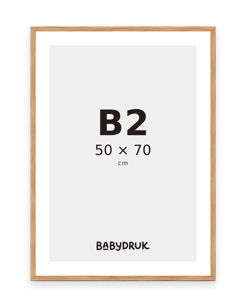 Oak photo frame for 50 × 70 cm, with Babydruk insert and size indication — product visualization