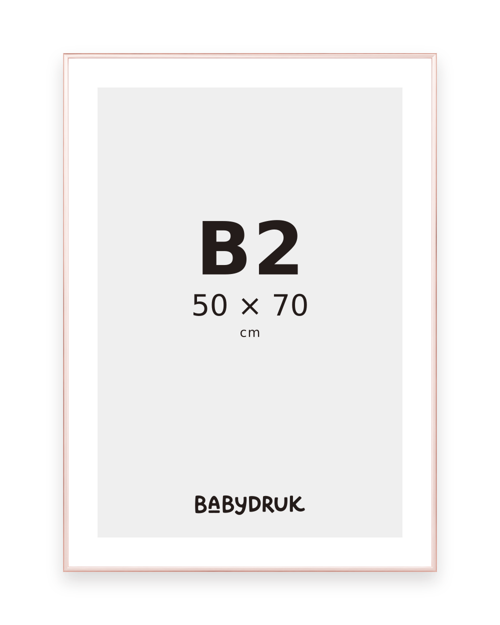 Cadre photo Rosé pour 50 × 70 cm, avec insert Babydruk et indication de taille — visualisation du produit