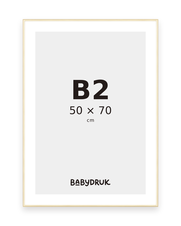 Goldener Bilderrahmen für 50 × 70 cm, mit Babydruk-Einlegeblatt und Größenangabe – Produktvisualisierung