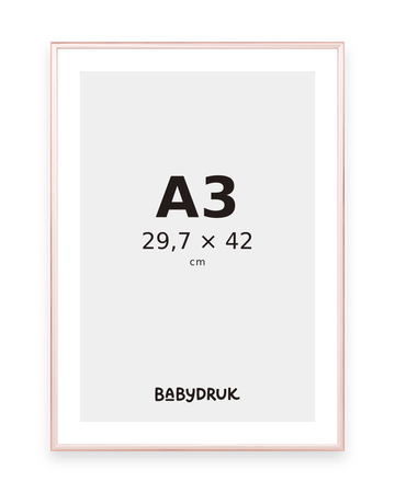 Roségoldfarbener Bilderrahmen für 29,7 × 42 cm, mit Babydruk-Einlegeblatt und Größenangabe – Produktvisualisierung