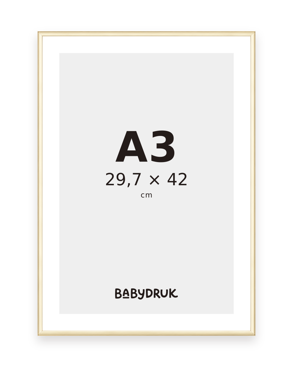 Gouden fotolijst voor 29,7 × 42 cm, met Babydruk-inlegvel en maataanduiding — productvisualisatie