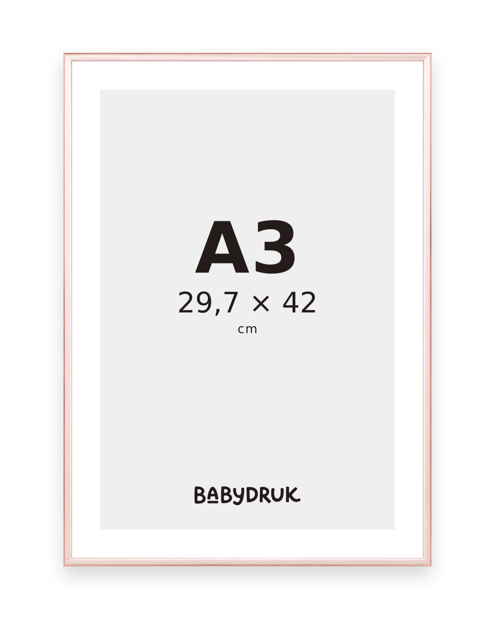 Rose gold photo frame for 29.7 × 42 cm, with Babydruk insert and size indication — product visualization