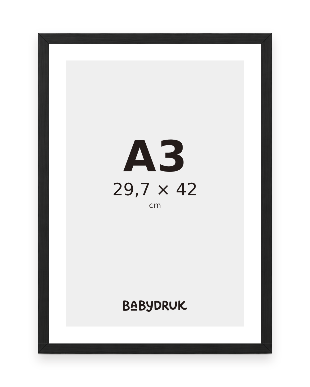 Schwarzer Bilderrahmen für 29,7 × 42 cm, mit Babydruk-Einlegeblatt und Größenangabe – Produktvisualisierung