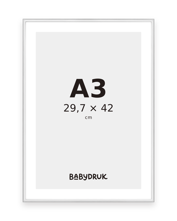 Silberner Bilderrahmen für 29,7 × 42 cm, mit Babydruk-Einlegeblatt und Größenangabe – Produktvisualisierung