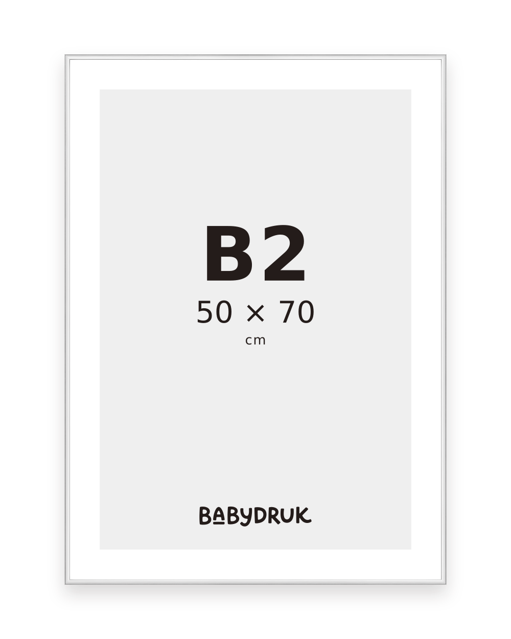 Silver photo frame for 50 × 70 cm, with Babydruk insert and size indication — product visualization