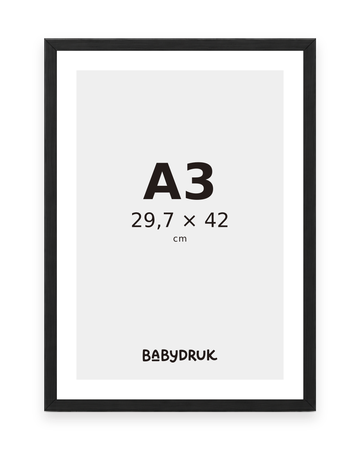 Schwarzer Bilderrahmen für 29,7 × 42 cm, mit Babydruk-Einlegeblatt und Größenangabe – Produktvisualisierung