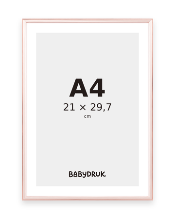 Roségoldfarbener Bilderrahmen für 21 × 29,7 cm, mit Babydruk-Einlegeblatt und Größenangabe – Produktvisualisierung
