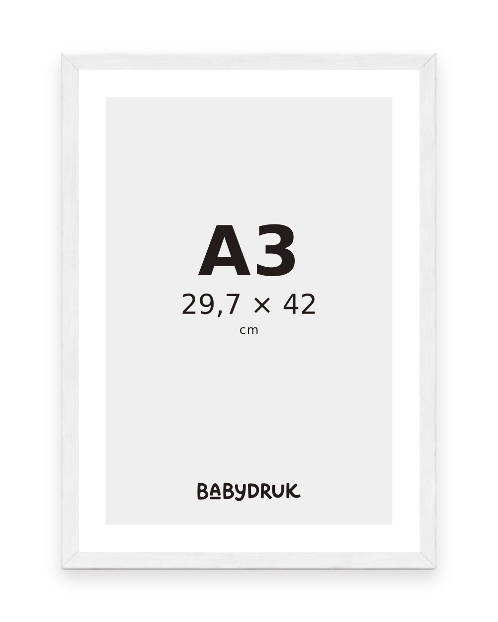 Weißer Bilderrahmen für 29,7 × 42 cm, mit Babydruk-Einlegeblatt und Größenangabe – Produktvisualisierung