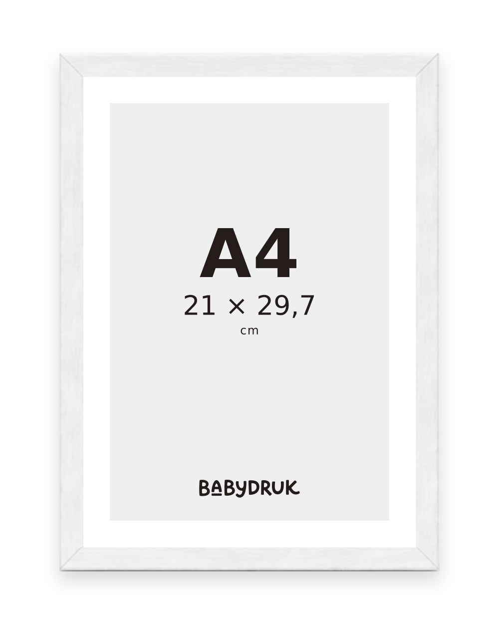 Weißer Bilderrahmen für 21 × 29,7 cm, mit Babydruk-Einlegeblatt und Größenangabe – Produktvisualisierung
