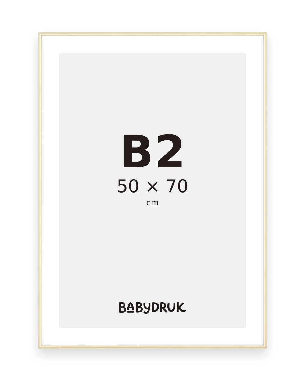 Gold photo frame for 50 × 70 cm, with Babydruk insert and size indication — product visualization