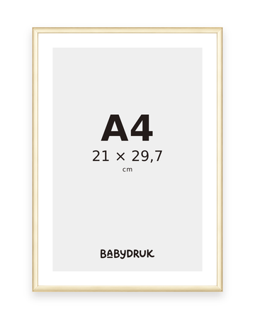 Goldener Bilderrahmen für 21 × 29,7 cm, mit Babydruk-Einlegeblatt und Größenangabe – Produktvisualisierung
