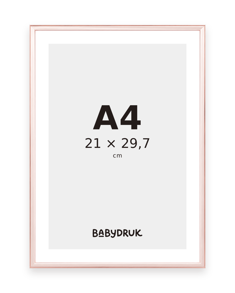Rose gold photo frame for 21 × 29.7 cm, with Babydruk insert and size indication — product visualization