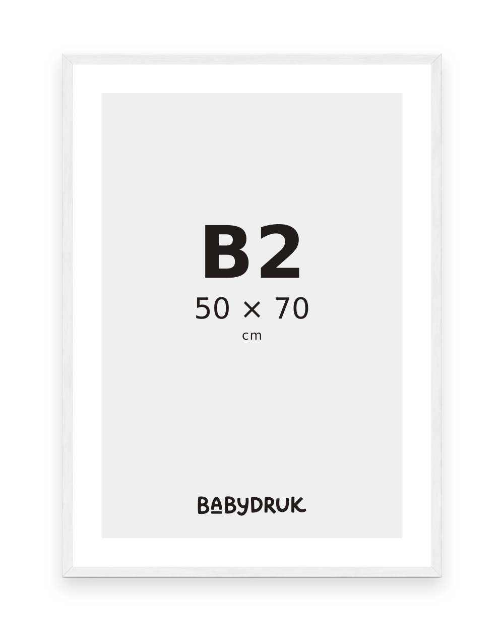 Witte fotolijst voor 50 × 70 cm, met Babydruk-inlegvel en maataanduiding — productvisualisatie