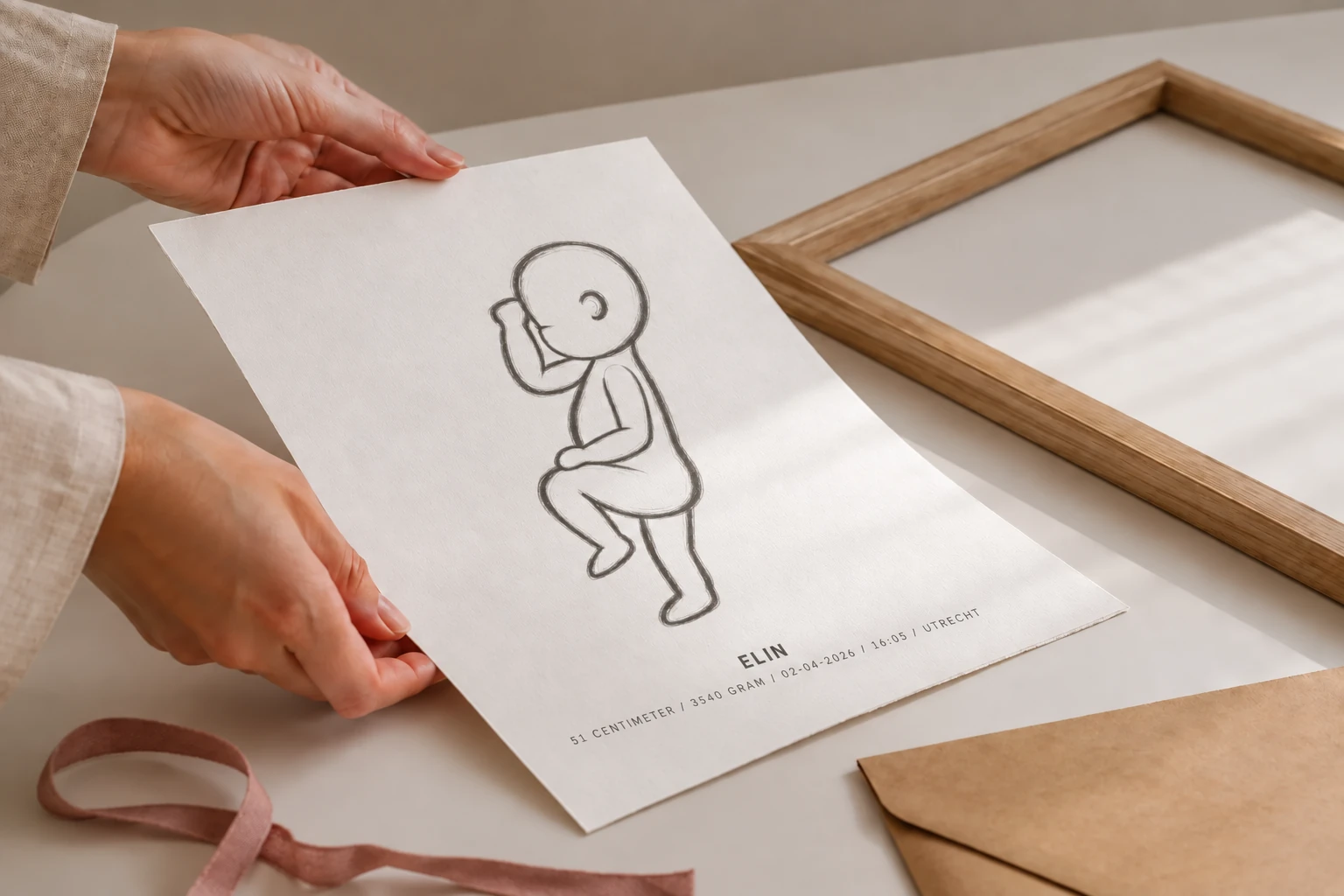 Ein Babydruk-Druck auf mattem Kunstdruckpapier neben einem Holzrahmen