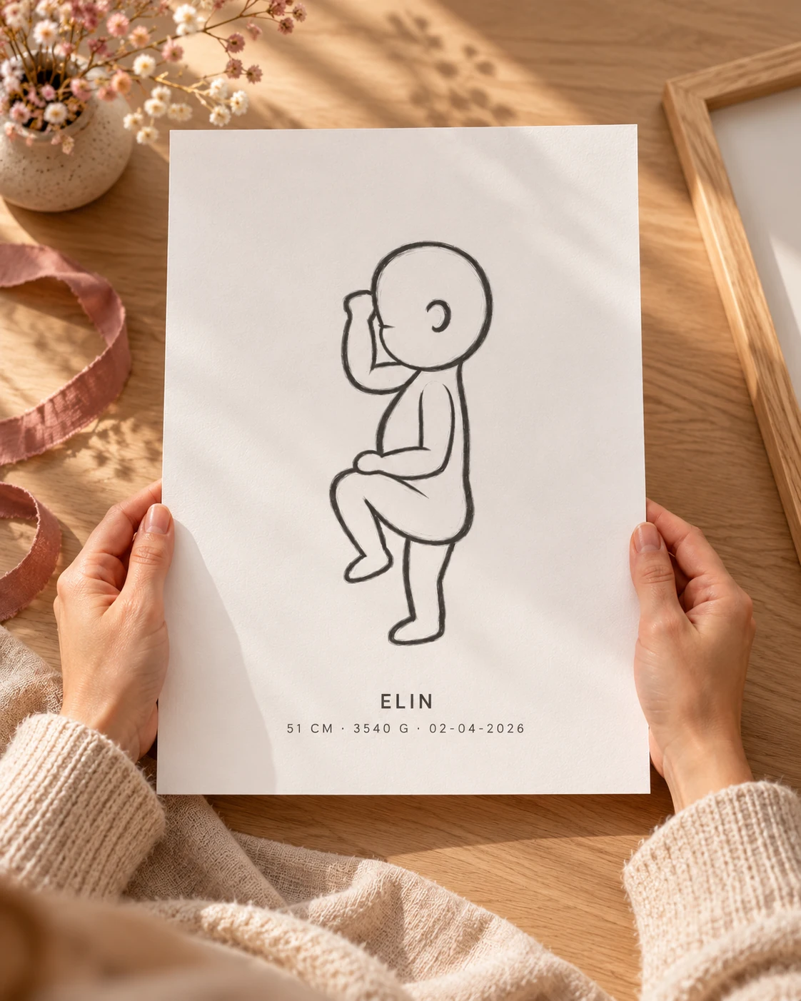 Babydruk tisk na mat art papir ob lesenem okvirju