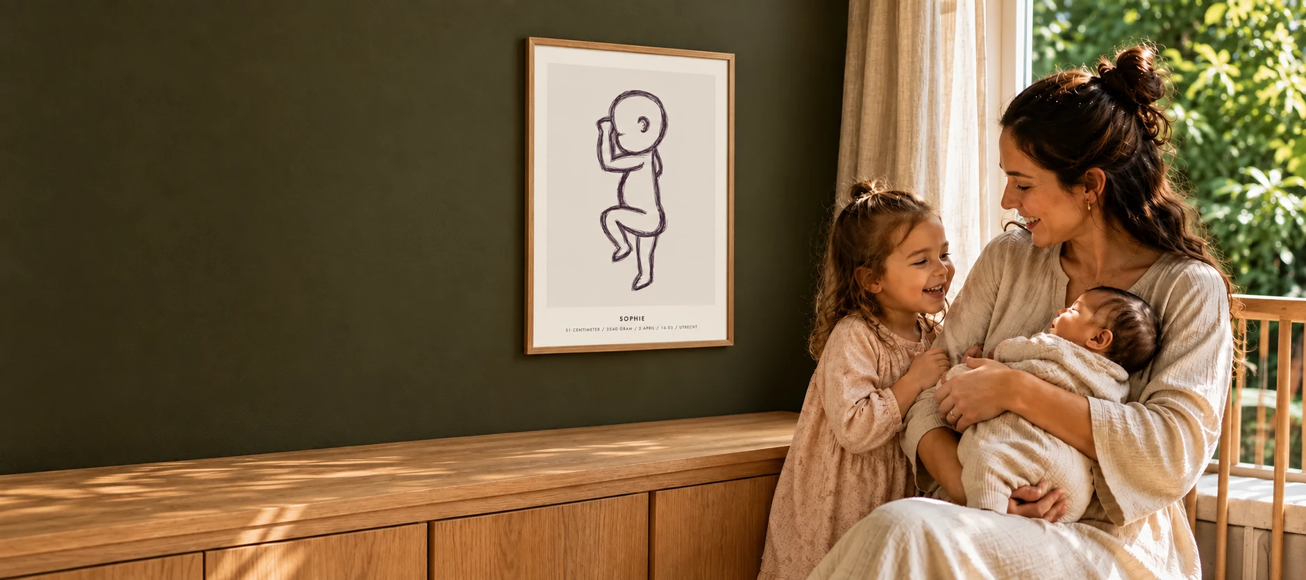 Geburtsposter an der Wand einer Mutter, ihres neugeborenen Babys und ihrer Tochter