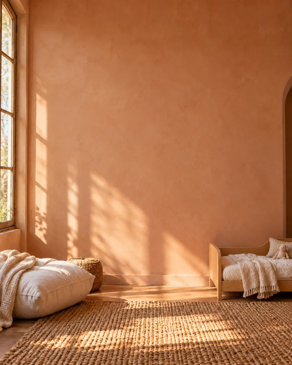 Sonniges Kinderzimmer mit Terrakottawand, Eichenbett und Naturmaterialien