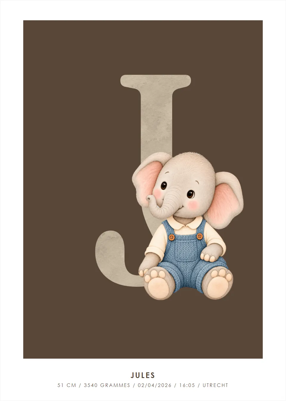 Affiches de lettres · Éléphant · Lettre élégante sur noyer