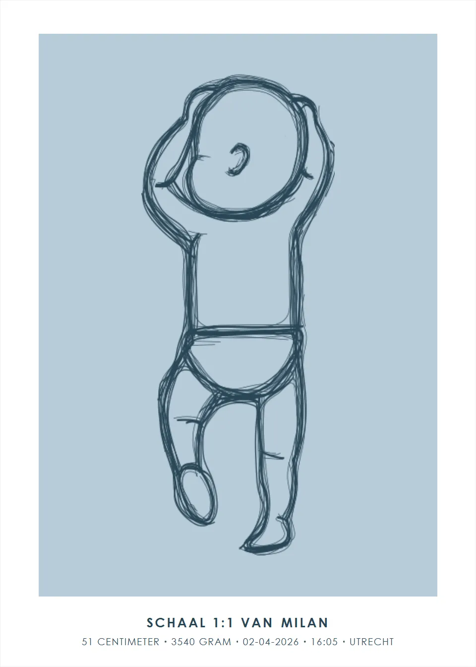 Op ware grootte · Armpjes omhoog · Staalblauw
