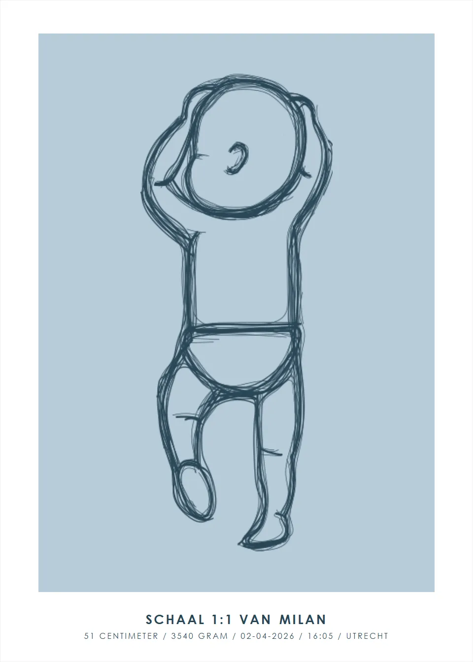 Op ware grootte · Armpjes omhoog · Staalblauw