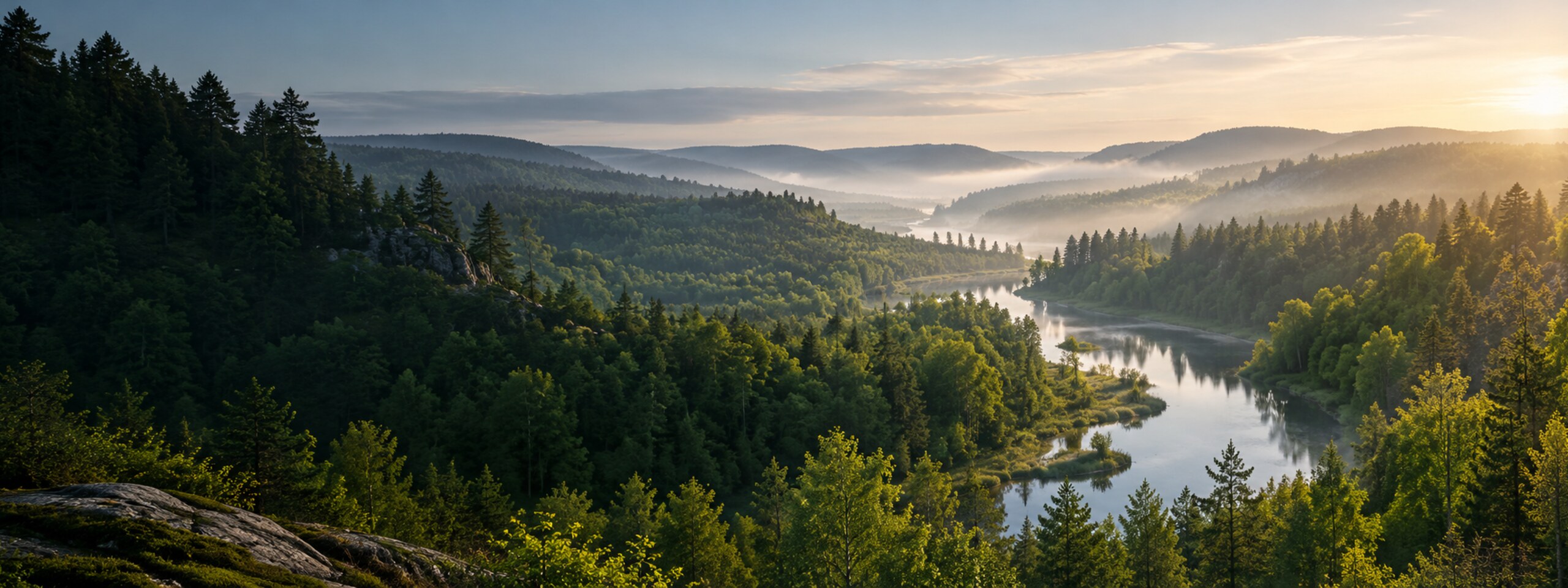 Grüne Waldlandschaft mit einem Fluss im sanften Morgenlicht