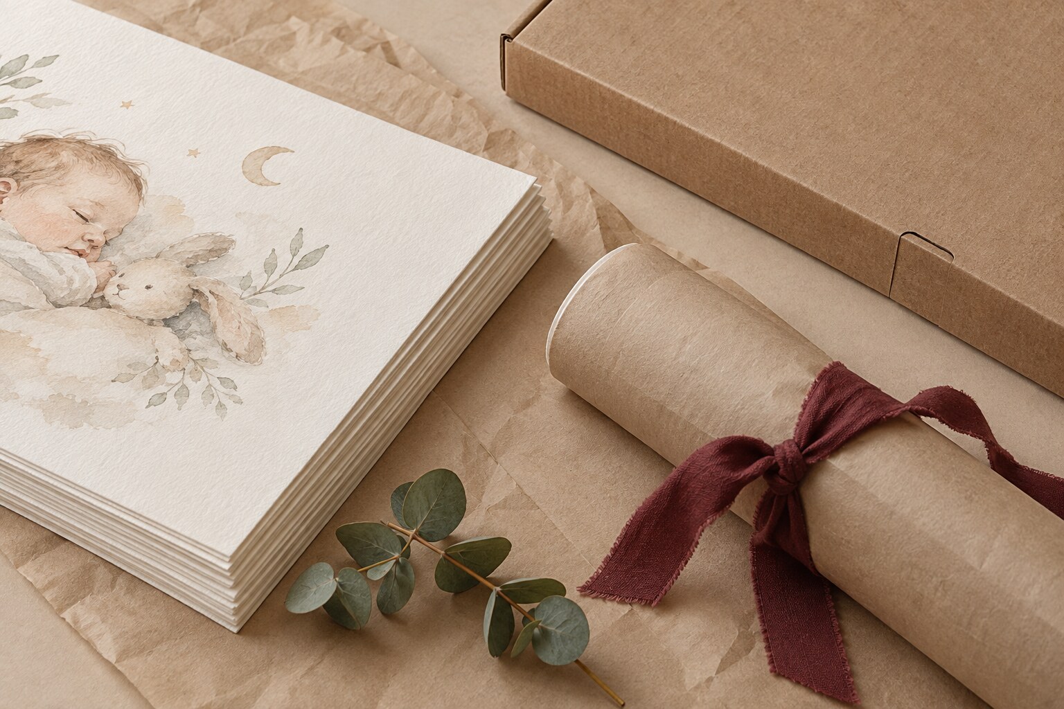 Kunstdruckpapier, Kartonverpackung und ein sorgfältig verpacktes Poster